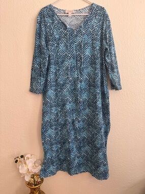 Stan Herman Blue Geometric Long Sleeve V-Neck Dress